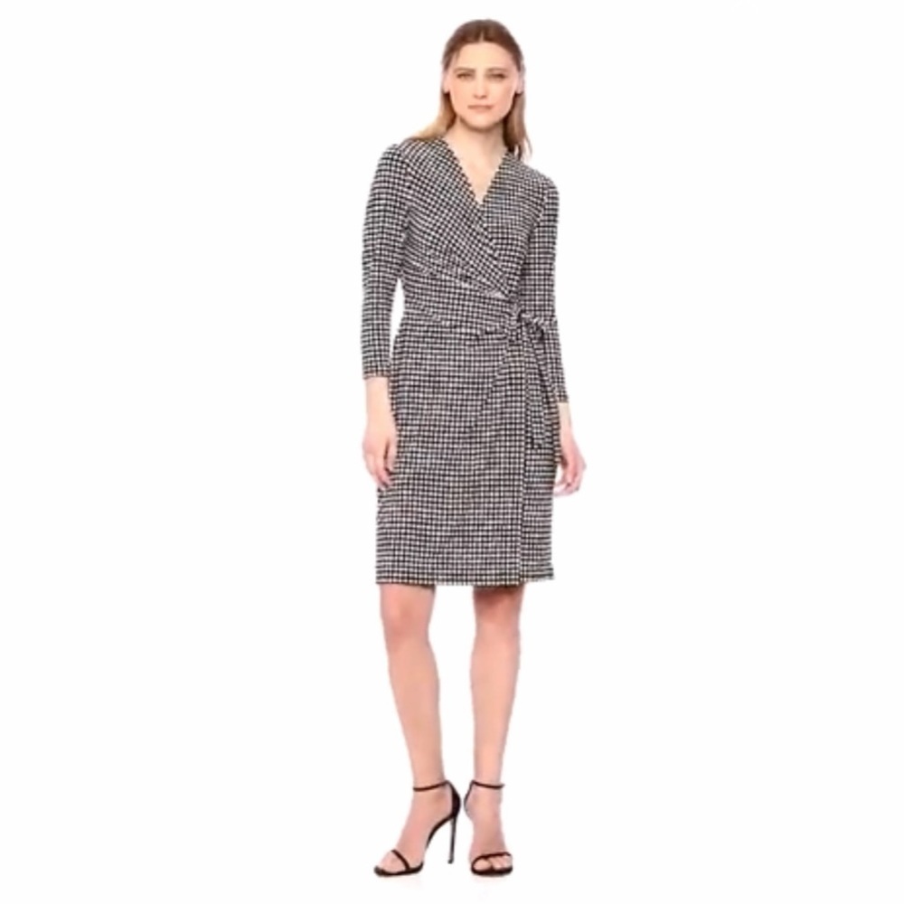 Anne Klein Faux Wrap Gray and Cream Polkadot Dress Size XS